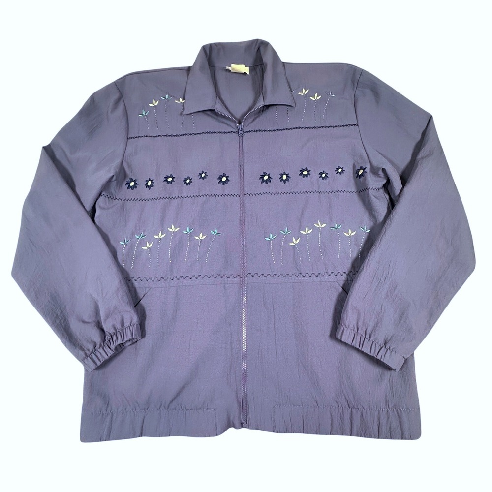 Teddi Vintage Purple Floral Embroidered Zip Up Jacket Womens Small Windbreaker